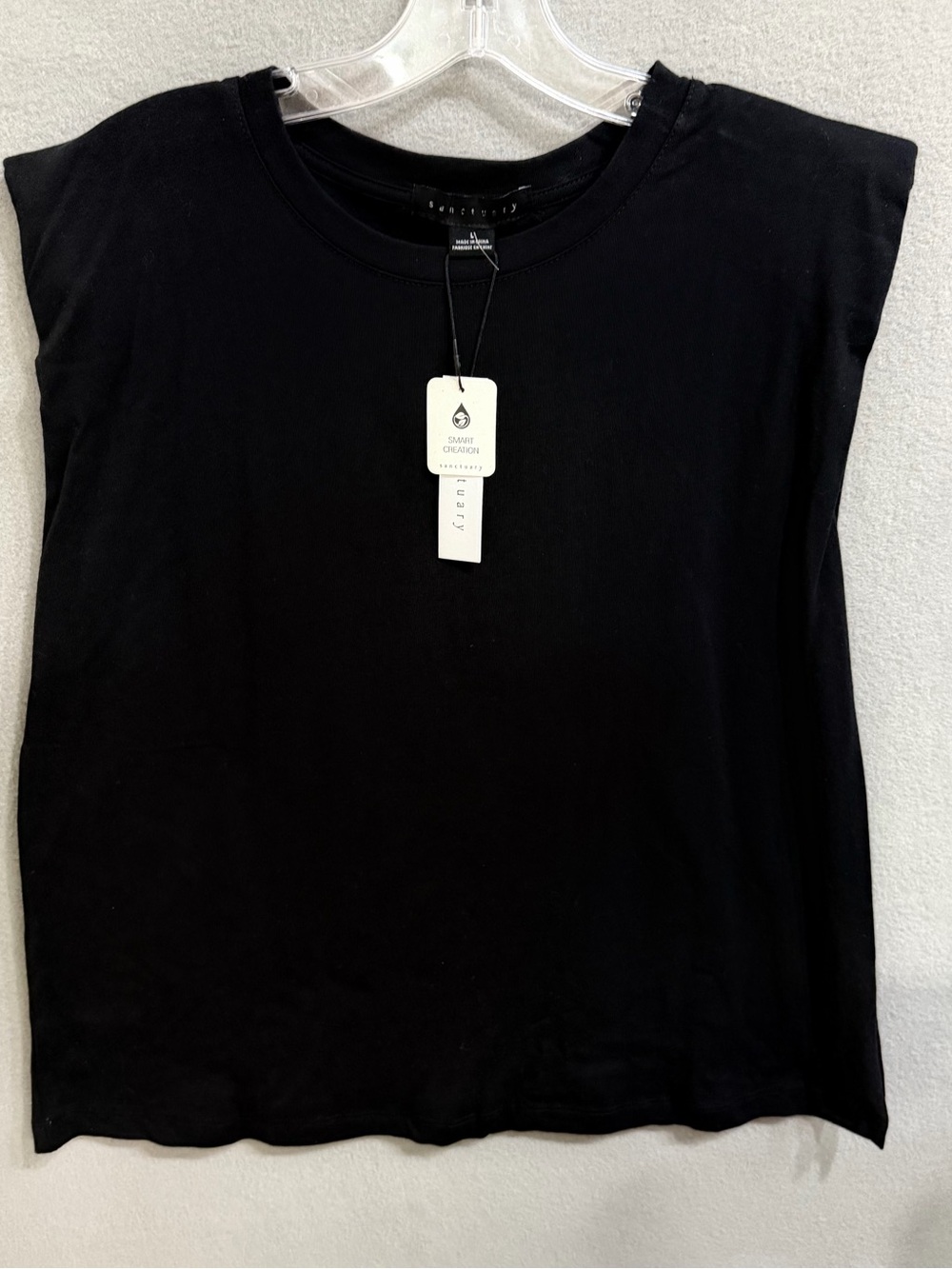Sanctuary Black Sleeveless Organic Cotton Tee Black Shoulder Pads Slit Sleeves L